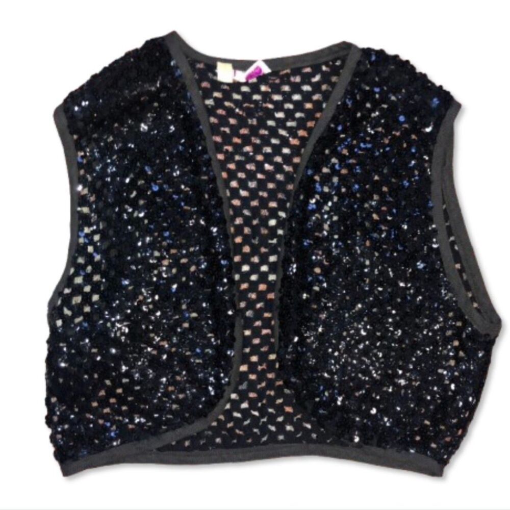 True 70s Vintage Black Sequin Crocheted Cropped Vest size M